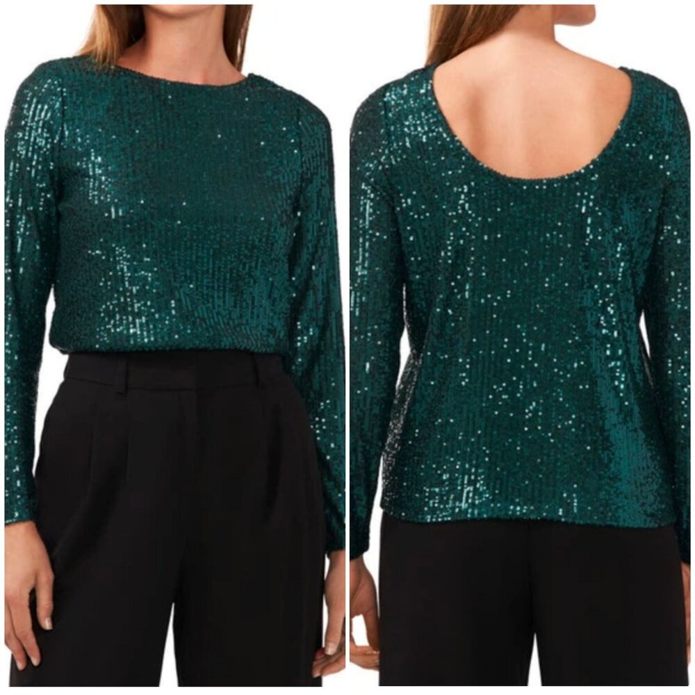 NWT HALOGEN Sequin Scoop Back Top M Embellished Sparkle Holiday Boat Neck